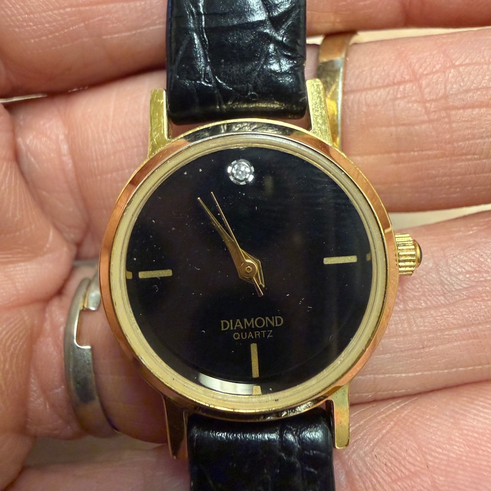 Vintage Diamond Quartz Gold Tone Black Dial Leather Strap Watch New Battery